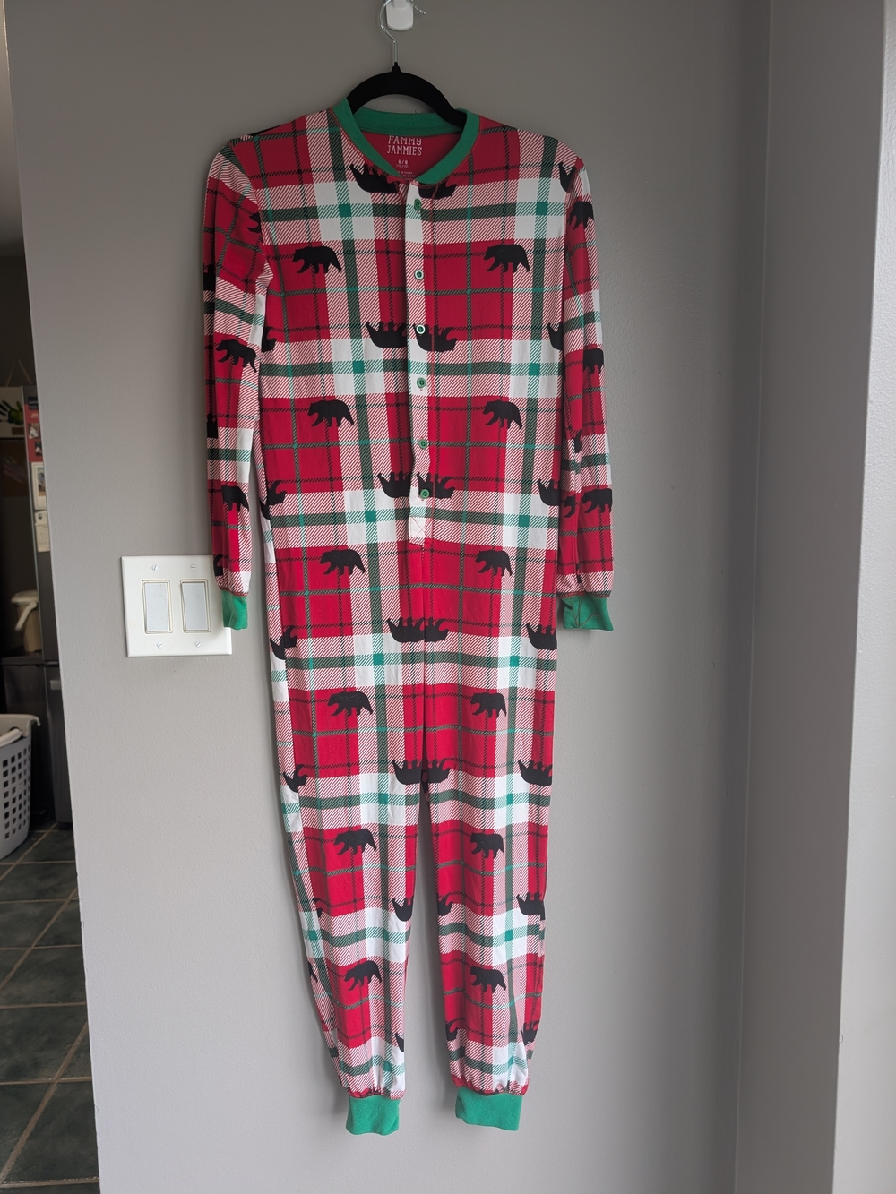 Family Pajamas Kids Red Plaid Bear One-Piece Footless Pajamas